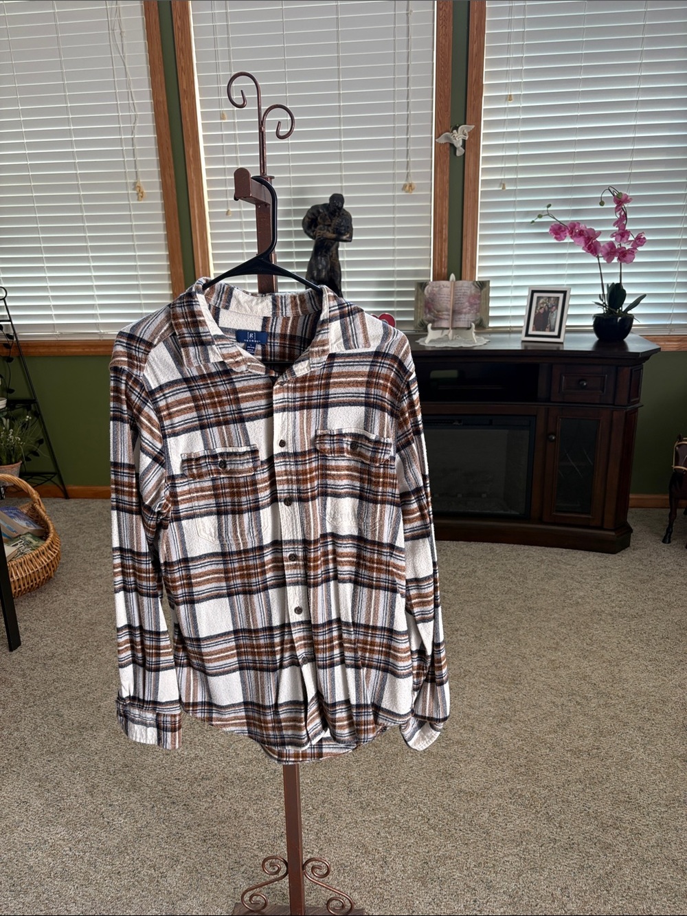 George White and Brown Plaid Button-Down Shirt